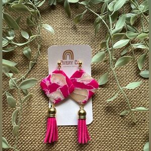 Handmade Polymer Clay Magenta Barbie Girl Earrings with Tassels